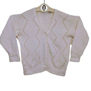 Vintage 80s Jason Maxwell Knit Cardigan -XL Lacey Zig-Zag Buttons-up Cream Vneck